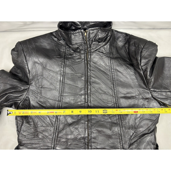 Navarre Leather Company Patchwork Piecework Coat Jacket Womens L Black Belted - Picture 9 of 16